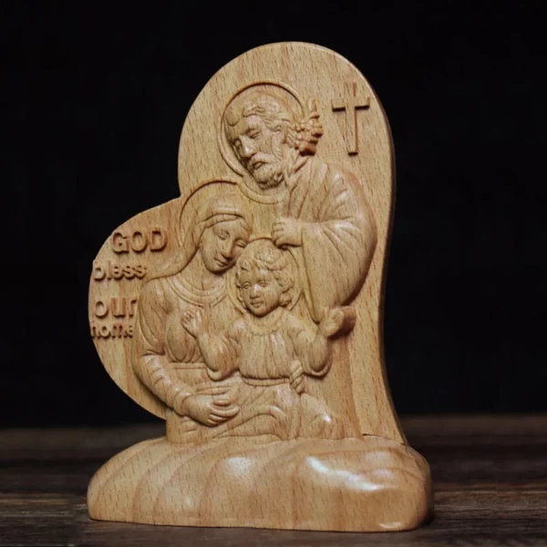 Figurine en Bois en Forme de Cœur d'Amour Catholique, Statue de Jésus Sainte Famille Carimplantée pour la Maison, Chambre à Coucher, Salon, Décor de Bureau – Image 2