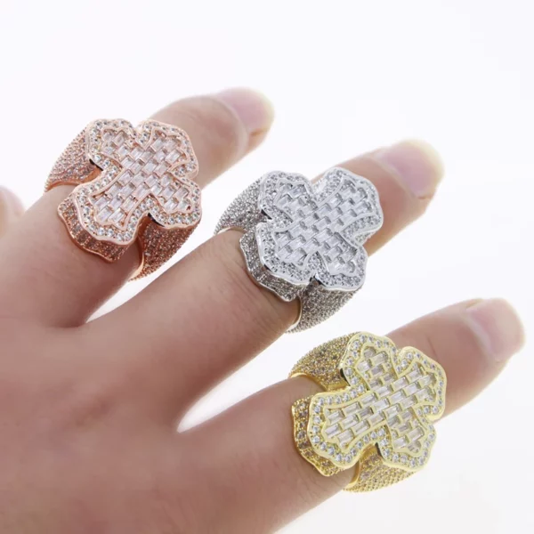 Nouveau glacé Bling CZ croix anneau plaqué or broche réglage cubique zircone grands anneaux mode Hip Hop luxe femmes hommes bijoux – Image 16