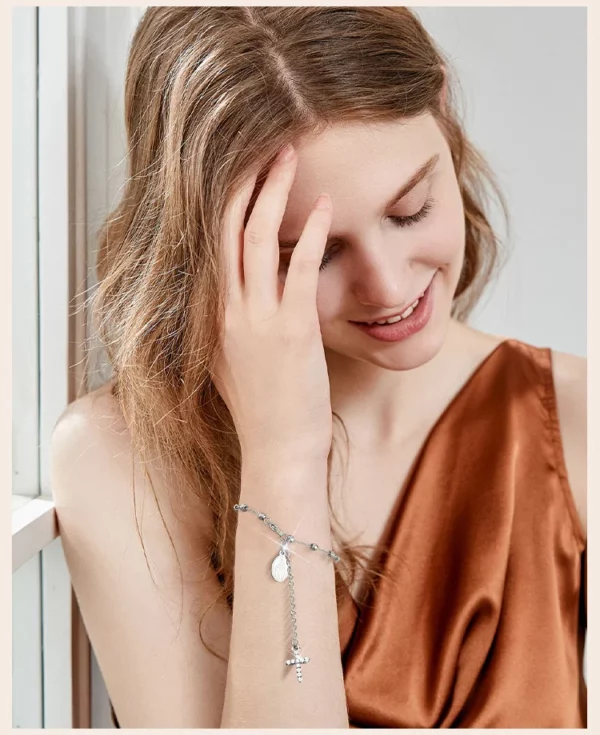 Bracelet chapelet croisé en zircone cubique pour femmes, lien réglable Mary en acier inoxydable, cadeau de bijoux religieux – Image 11