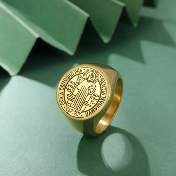 Jeshayuan-Bague pendentif Saint Benoît de Nursie pour femme et homme, bague ronde en acier inoxydable, amulette du catholicisme, cadeau bijoux – Image 14