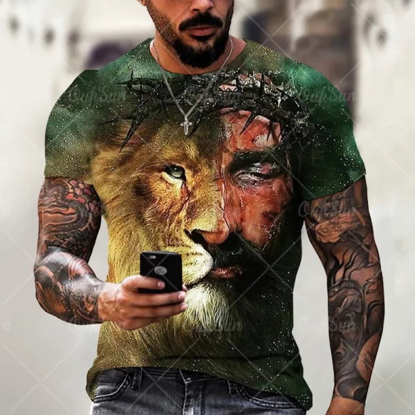 Christ jésus T-Shirts pour hommes 3D Lion imprimé T-Shirt vêtements d'été à manches courtes Streetwear Vintage hauts T-Shirt hommes vêtements – Image 3