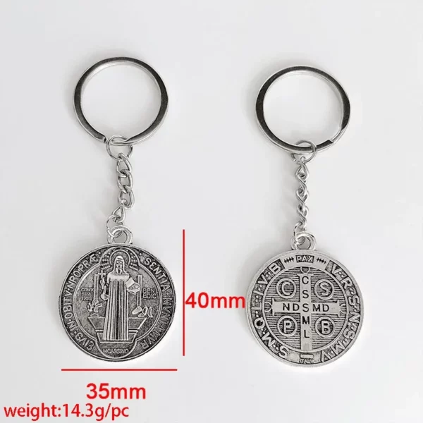 Porte-clés pendentif jésus saint benoît, Vintage, rond, motif Double face, en alliage croisé, accessoires populaires, 1 pièce – Image 5