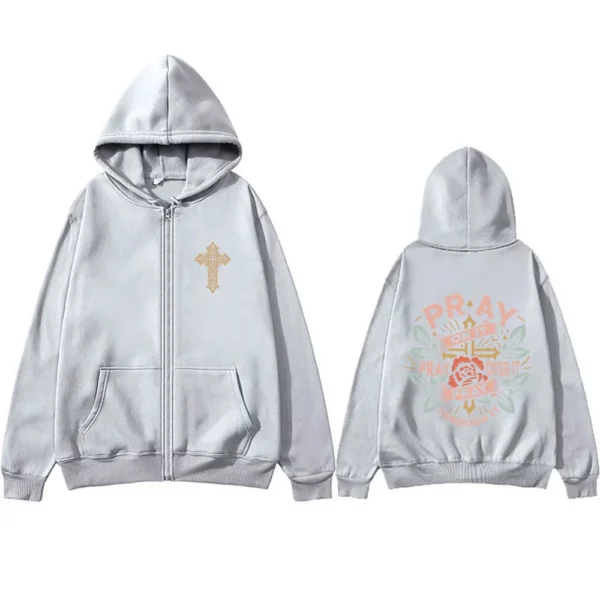Pray on It Pray Over It T Pray Through It Christian Jesus Sweat à capuche avec fermeture éclair pour hommes et femmes, mode Vintage surdimensionné, veste zippée – Image 5