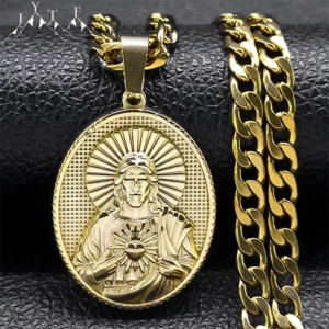 Collier catholique du sacré cœur de jésus pour femmes et hommes, pendentif médaille en acier inoxydable plaqué or, bijoux cadeau NZZ452S05