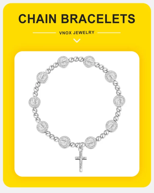 Vnox-Perles rondes JOprompt pour hommes et femmes, pendentif croix de Jésus, bracelets à breloques en or et argent, bijoux religieux catholiques – Image 10