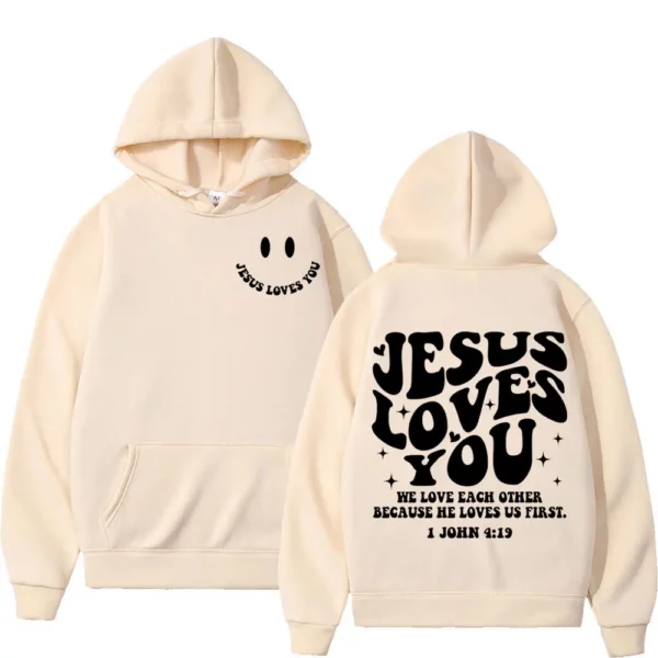 Jésus vous aime Double face sweat à capuche imprimé haute rue mode surdimensionné pulls hommes femmes haute qualité Vintage sweats – Image 4