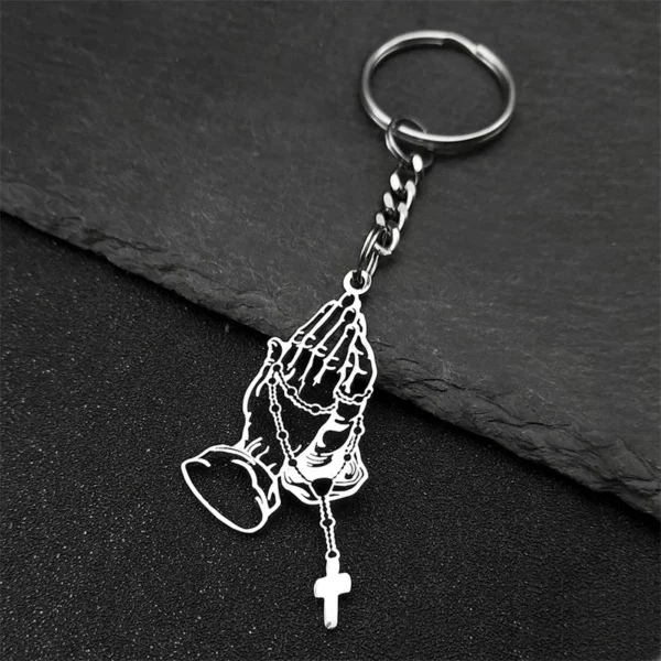 Jésus prière main chapelet perle croix porte-clés pour femmes hommes en acier inoxydable couleur or porte-clés suspendus accessoires bijoux – Image 2