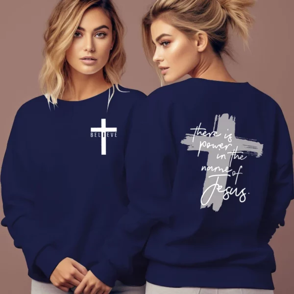 Sweat-shirt de foi chrétienne pour femme, pull sans capuche, il y a du pouvoir dans le nom de Jésus, sweat à capuche avec lettre graphique, Faith Cross Female – Image 13
