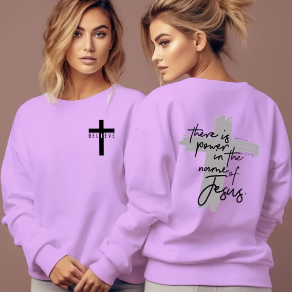 Sweat-shirt de foi chrétienne pour femme, pull sans capuche, il y a du pouvoir dans le nom de Jésus, sweat à capuche avec lettre graphique, Faith Cross Female – Image 8