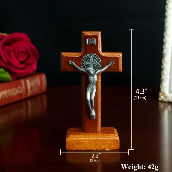 Croix catholique en bois avec base, prière pour votre famille et votre maison, statue souvenir religieux portable de Jésus sur base – Image 2