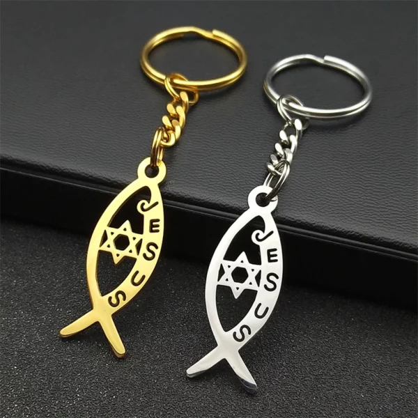 Ichthile-Clé Creuse en Acier Inoxydable pour Homme et Femme, Bijoux en Forme de Poisson de Jésus, Hexagramme Étoile de FC, K3535S02 – Image 9