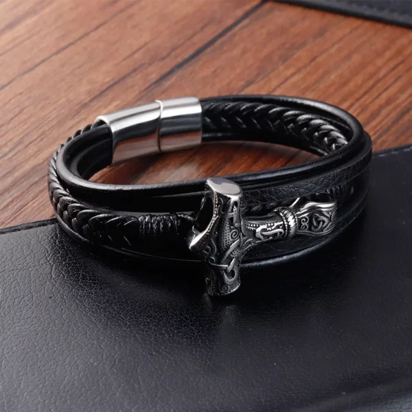 Bracelet Viking rétro en acier inoxydable pour hommes, tressé en cuir véritable, accessoire de beau cadeau à la mode, bijoux – Image 3