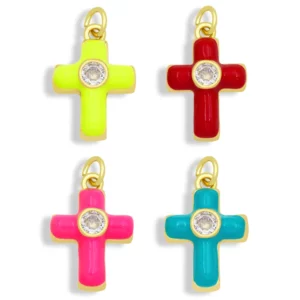 OCESRIO coloré petite croix chrétienne collier pendentifs CZ plaqué or cuivre fournitures religieuses pour bijoux pdta518