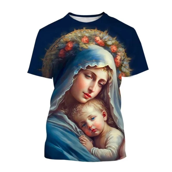 Vente chaude Vierge Marie 3D imprimé T-shirt Personnalité Christianisme Mère De Dieu Sainte Enfant T-shirts Décontracté à manches courtes T-shirt – Image 29