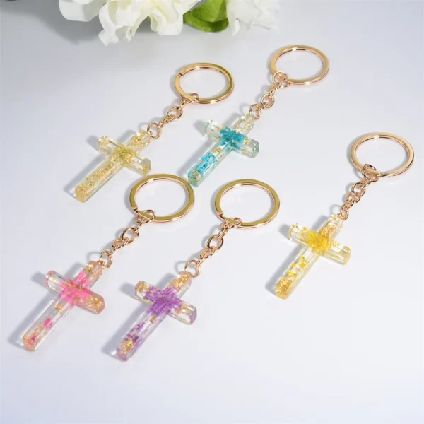 Porte-clés en résine étoile fleur sèche pour hommes et femmes, porte-clés en métal, croix de proximité, pendentif de sac à main de voiture, cadeau chrétien, mode – Image 2