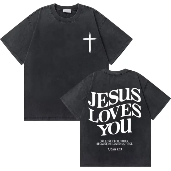 Lavé Vintage chrétien jésus bonnes nouvelles dieu vous aime verset de la Bible graphique T-shirts hommes femmes mode décontracté surdimensionné t-shirt – Image 23