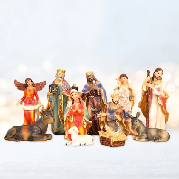 Ensemble de scène de la Nativité avec cheval, statue de la Nativité de Jésus, groupe de crèche, naissance de Jésus pour étagère, bureau, chapelle, cadeau de bureau, 11 pièces – Image 4