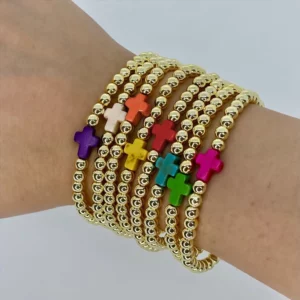 Vlen-Bracelet croix multicolore pour femme, bijoux extensibles, bracelets de perles plaquées or 18 carats, bijoux Boho