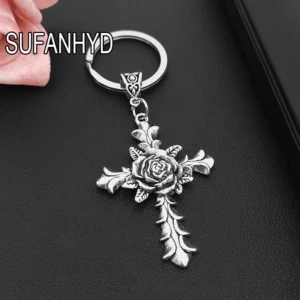 Porte-clés croix gothique en argent pour hommes et femmes, porte-clés fleur rose vintage, cadeau punk, EquiHouse