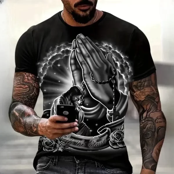 Christianisme prier T-shirt mode 3D jésus impression T-shirt pour hommes décontracté col rond surdimensionné à manches courtes haut été Vintage vêtements