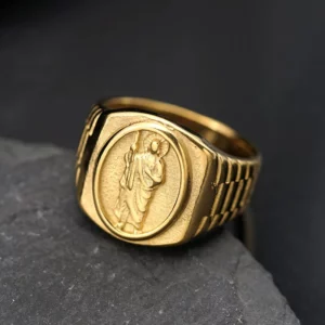 HIP Hop Bling Gold Document Ring for Men, Stainless Steel, Catholic Patron, Saint, Benoît of Nursia, Holy Medal Ring, Rared Jewelry