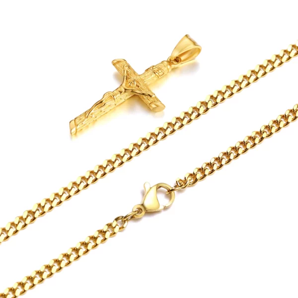 Collier croix en acier inoxydable pour hommes et femmes, pendentif Jésus, collier de document en or, catholique, prière d'église, bijoux de foi, cadeau – Image 4