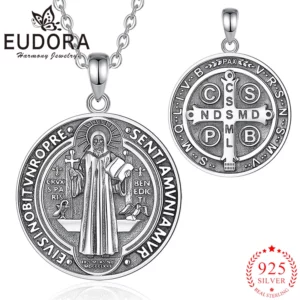 Eudora-Collier Saint Benoît en argent regardé 925 pour hommes et femmes, amulette croisée, pendentif religieux, bijoux vintage, cadeaux de personnalité
