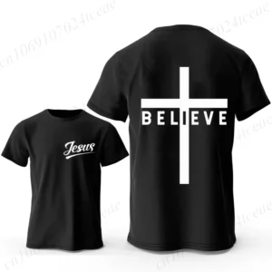 Économie College graphiques créatifs pour hommes, Économie à manches courtes, Believe Cross, Jesus, Décontracté, Christian, Mode estivale