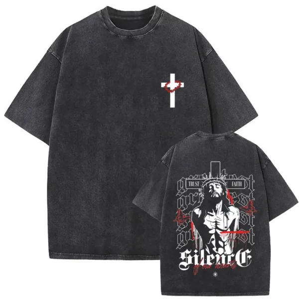 T-shirt délavé Vintage pour hommes et femmes, style religieux chrétien, jésus pardonne le père, gothique Rock, surdimensionné, Streetwear – Image 39