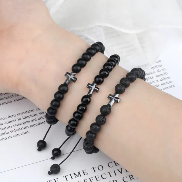 Bracelet en Pierre Naturelle pour Homme et Femme, Pendentif Croix de Jésus, Œil de Tigre Perlé, Tressé, Guérison Énergétique, Bijoux à la Mode, Cadeau, 6mm – Image 2