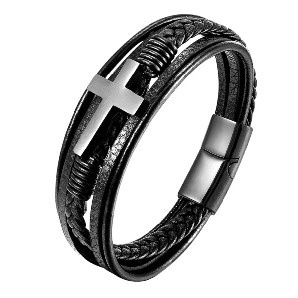Bracelet Vintage en cuir véritable pour hommes, en acier inoxydable, tissé, croix, multicouche, accessoire de bijoux, cadeau – Image 5