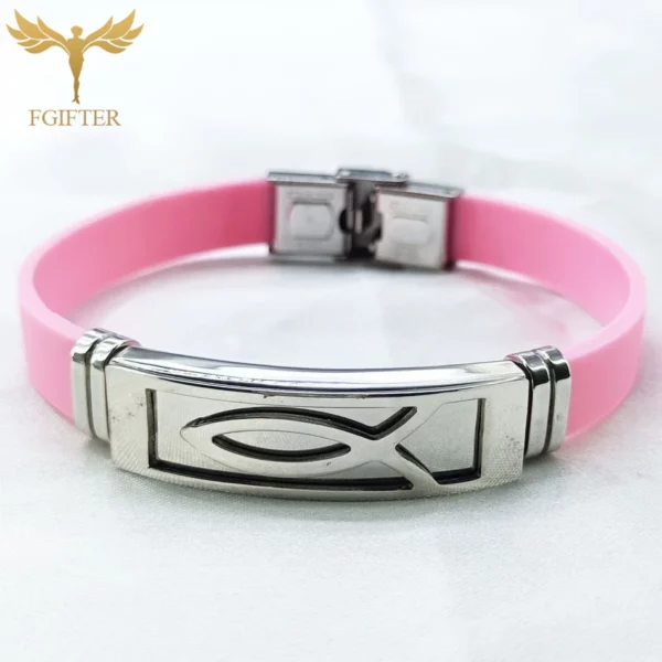 Bracelets en acier inoxydable avec symboles de poisson de Jésus, bijoux de religion chrétienne Lchthus, bracelet en caoutchouc coloré, bracelets simples – Image 12