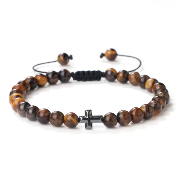 Bracelet en Pierre Naturelle pour Homme et Femme, Pendentif Croix de Jésus, Œil de Tigre Perlé, Tressé, Guérison Énergétique, Bijoux à la Mode, Cadeau, 6mm – Image 16