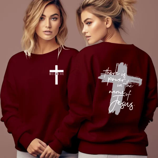 Sweat-shirt de foi chrétienne pour femme, pull sans capuche, il y a du pouvoir dans le nom de Jésus, sweat à capuche avec lettre graphique, Faith Cross Female – Image 11