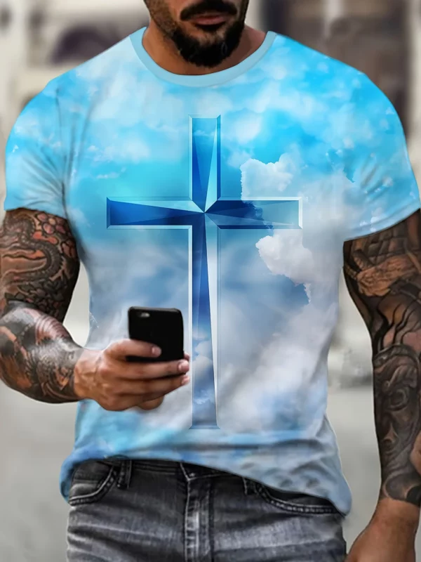 T-Shirt à Manches Courtes et Col Rond pour Homme, Vêtement de Rue, avec Impression Croisée, Graphique de Jésus, Grande Taille, Été – Image 12