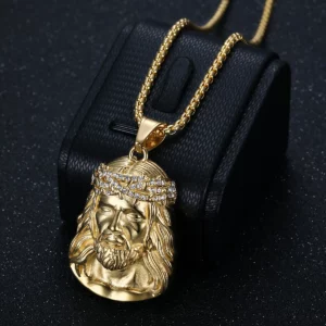 Sweatshirts en acier inoxydable pour hommes, bijoux de couleur or, breloques en cristal, religion de Jésus, collier PmotNecklace, mode hip hop