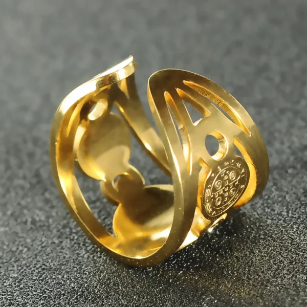Bague médaille San Benito en acier inoxydable pour femmes et hommes, couleur or/argent, anneau ouvert en métal avec croix de San Benito réglable – Image 4