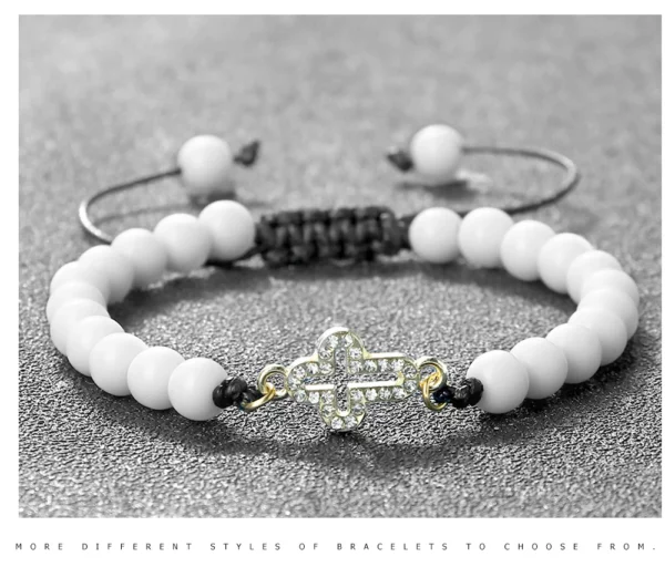 Bracelet tressé réglable en pierre naturelle de 6 mm avec pendentif croix creuse, symboles de l'harmonie spirituelle et des fées sacrées, cadeaux de yoga – Image 21