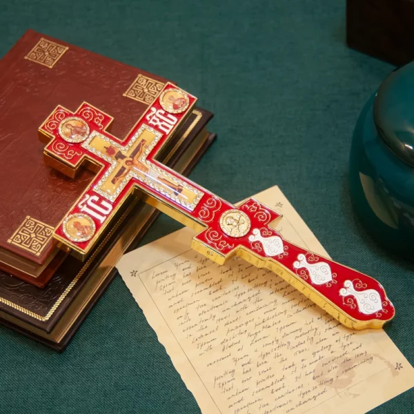 Croix de bénédiction religieuse avec support, croix orthodoxe, rouge et bleue, icône de la passion de Jésus, décoration de la maison de l'église – Image 6