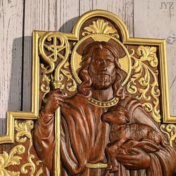 Sculpture sur bois de haute qualité, icône de berger de jésus, Plaque de Sculpture, décoration murale catholique pour la maison – Image 5