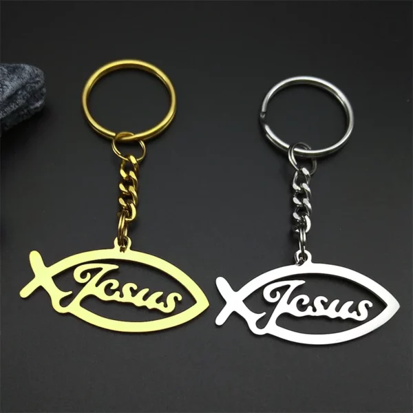 Porte-clés pendentif poisson de Jésus pour femmes et hommes, acier inoxydable, or, argent, document religieux, amulette chrétienne, porte-clés, bijoux cadeaux