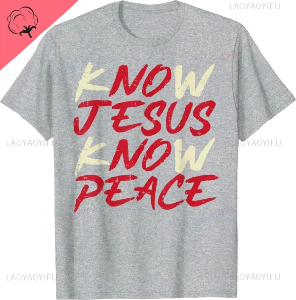 T-Shirt homme femme et enfant, vintage, classique et humoristique, en coton, avec inscription "Know Jesus Know Peace God Faith Christian" – Image 8