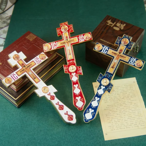 Croix de bénédiction religieuse avec support, croix orthodoxe, rouge et bleue, icône de la passion de Jésus, décoration de la maison de l'église
