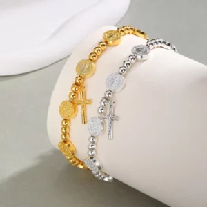 Vnox-Perles rondes JOprompt pour hommes et femmes, pendentif croix de Jésus, bracelets à breloques en or et argent, bijoux religieux catholiques