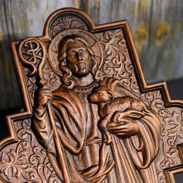 Sculpture sur bois de haute qualité, icône de berger de jésus, Plaque de Sculpture, décoration murale catholique pour la maison – Image 10
