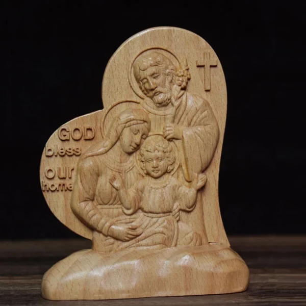 Figurine en Bois en Forme de Cœur d'Amour Catholique, Statue de Jésus Sainte Famille Carimplantée pour la Maison, Chambre à Coucher, Salon, Décor de Bureau – Image 9