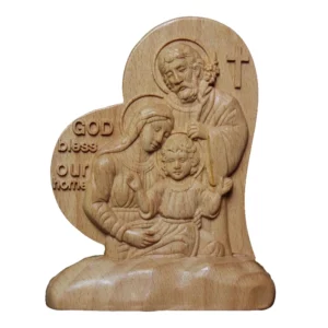 Figurine en Bois en Forme de Cœur d'Amour Catholique, Statue de Jésus Sainte Famille Carimplantée pour la Maison, Chambre à Coucher, Salon, Décor de Bureau
