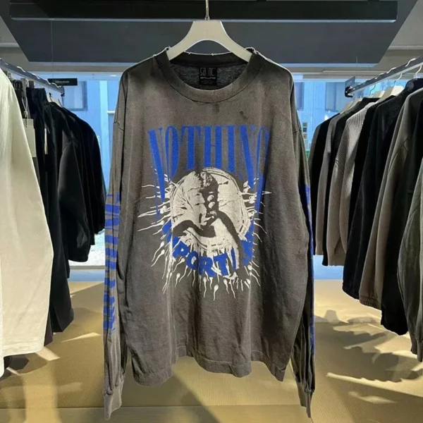 Toutes les saisons meilleure qualité coton Vintage lavé noir endommagé t-shirt hommes femmes jésus imprimé Saint à manches longues t-shirts hauts – Image 10
