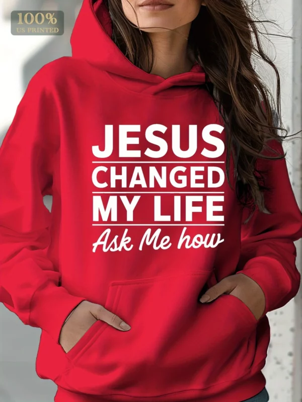 Jésus a changé ma vie Sweats à capuche pour femmes, sweat-shirt décontracté automne hiver avec poches, sweats à capuche à motifs, pulls à capuche – Image 3