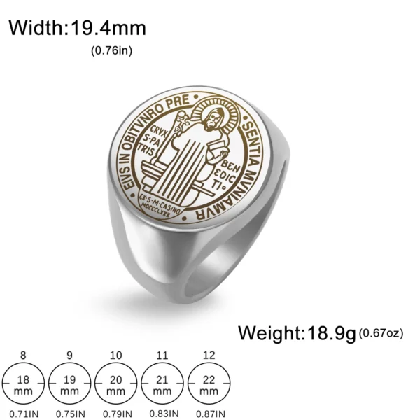 Jeshayuan-Bague pendentif Saint Benoît de Nursie pour femme et homme, bague ronde en acier inoxydable, amulette du catholicisme, cadeau bijoux – Image 6